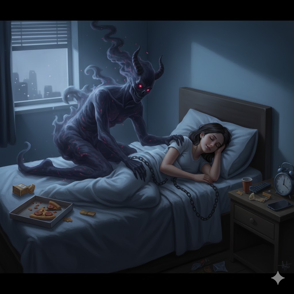 Lady sleeping with uncleaned plates in the bed